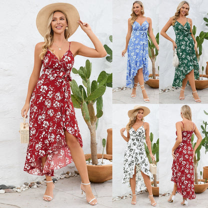 Sling Irregular Asymmetric Dress Long Sling Floral Beach Dress