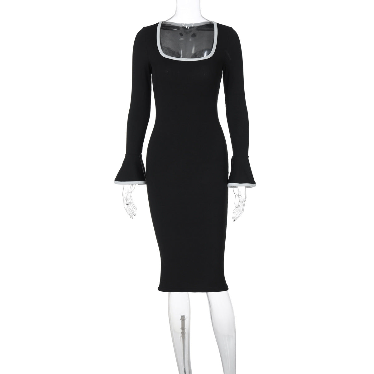 Square Collar Contrast Color Knitted Midi Dress Bell Sleeve Sheath