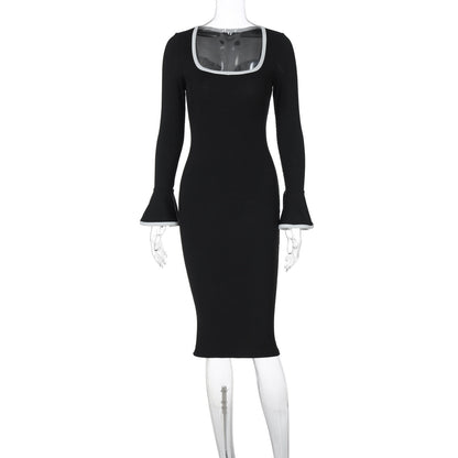Square Collar Contrast Color Knitted Midi Dress Bell Sleeve Sheath