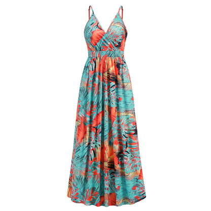 Bohemian Printed Maxi Dress V neck Strap Dress