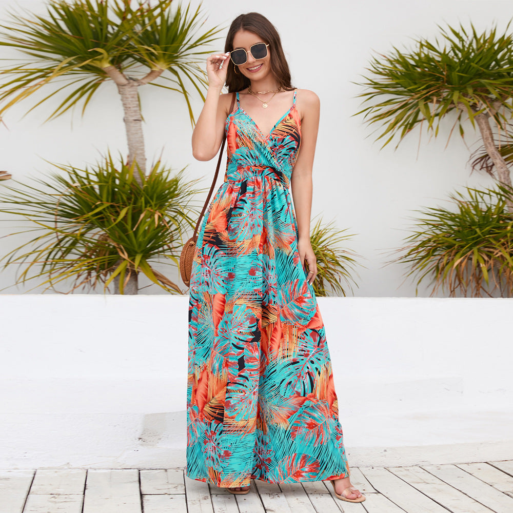Bohemian Printed Maxi Dress V neck Strap Dress