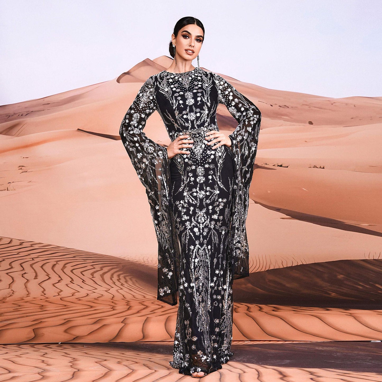 Super Long Sleeve Crew Neck Slim Long Sequined Cocktail Evening Dress Bridesmaid Dress