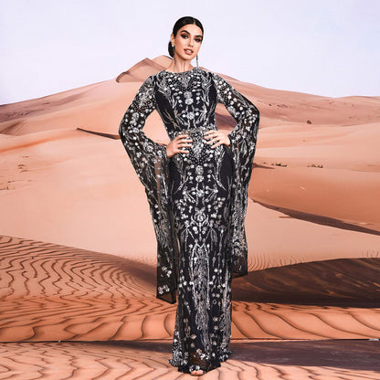 Super Long Sleeve Crew Neck Slim Long Sequined Cocktail Evening Dress Bridesmaid Dress