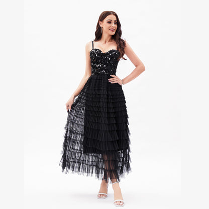Socialite High Sense Black Paillette Beauty Back Underwear One Piece Dress Boning Corset Sling Multi-Layer Tiered Dress