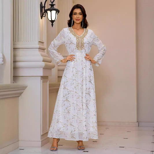 Gold Pattern Printed Maxi Dress Patchwork Knitted Belt Long Sleeve Dress