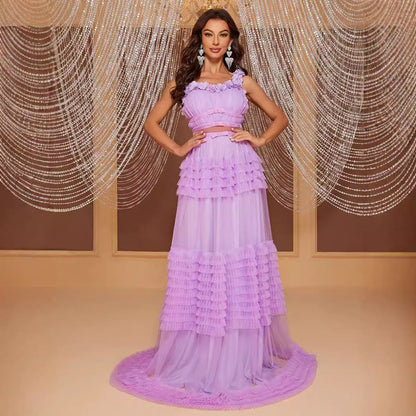 Lace Sling Maxi Dress Sleeveless Cake Multi Layer Stitching Elegant Dress