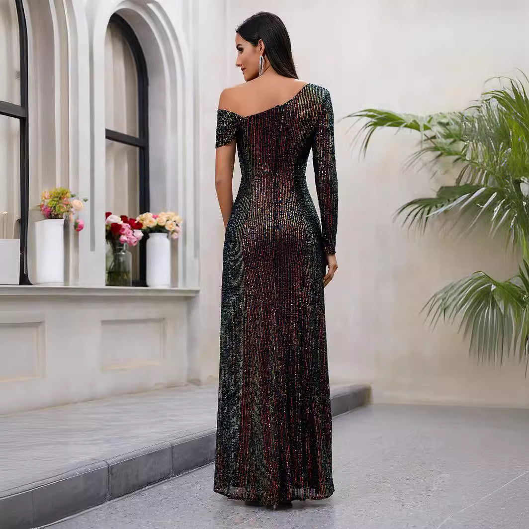 Popular Sequined Dress High Slit Oblique Collar Elegant Evening Dress