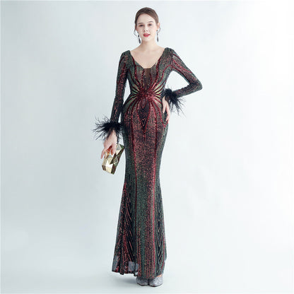 Positioning Floral Sequin Craft Ostrich Feather High End Long Sleeved Evening Dress