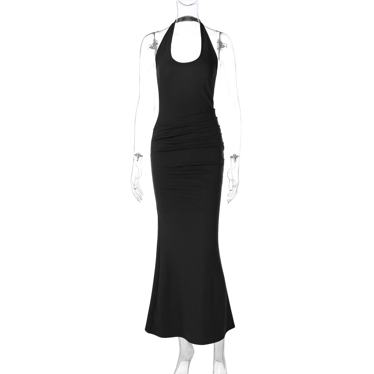 Deep V Plunge neck Hollow Out Cutout out Halter Slim Solid Color Sleeveless Sheath Dress