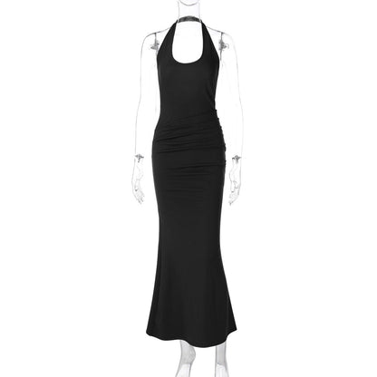Deep V Plunge neck Hollow Out Cutout out Halter Slim Solid Color Sleeveless Sheath Dress