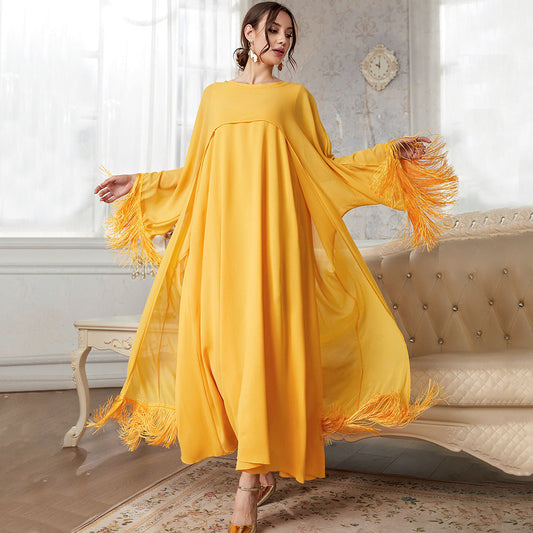 Arrival Tassel Long Blouse Mesh Dress Solid Color Suit