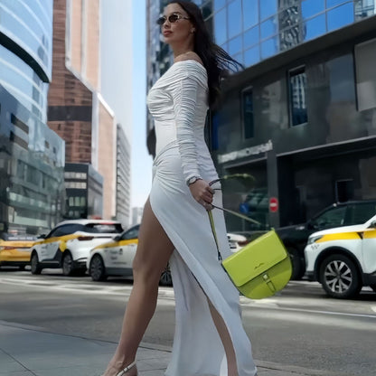 Solid Color off the Shoulder Tube Top Split Pleated Long Sleeve Dress