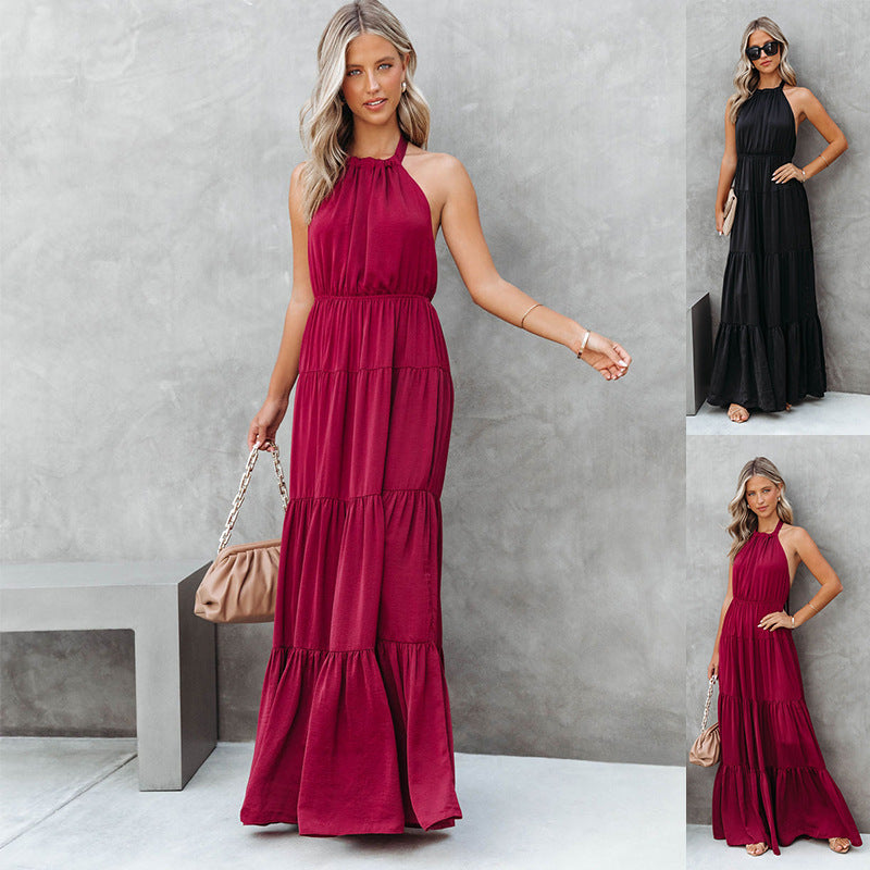 Elegant Halter Long Solid Color Dress for