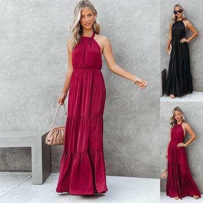 Elegant Halter Long Solid Color Dress for
