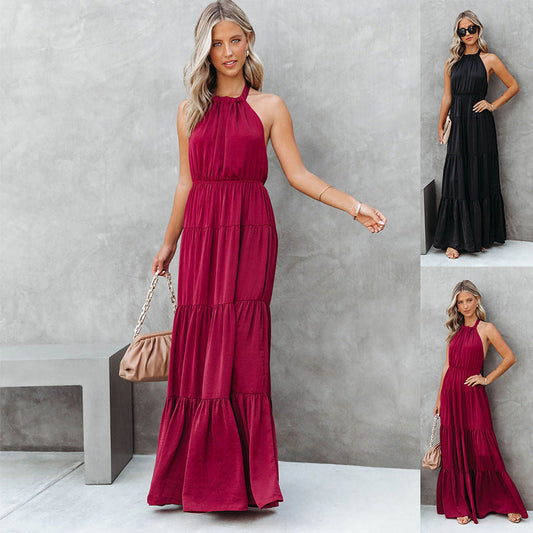 Elegant Halter Long Solid Color Dress for