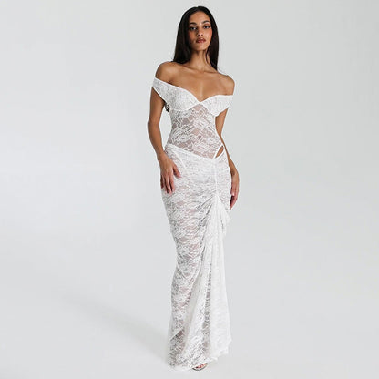 Lace off Shoulder Jumpsuit High Waist Dress See through Set