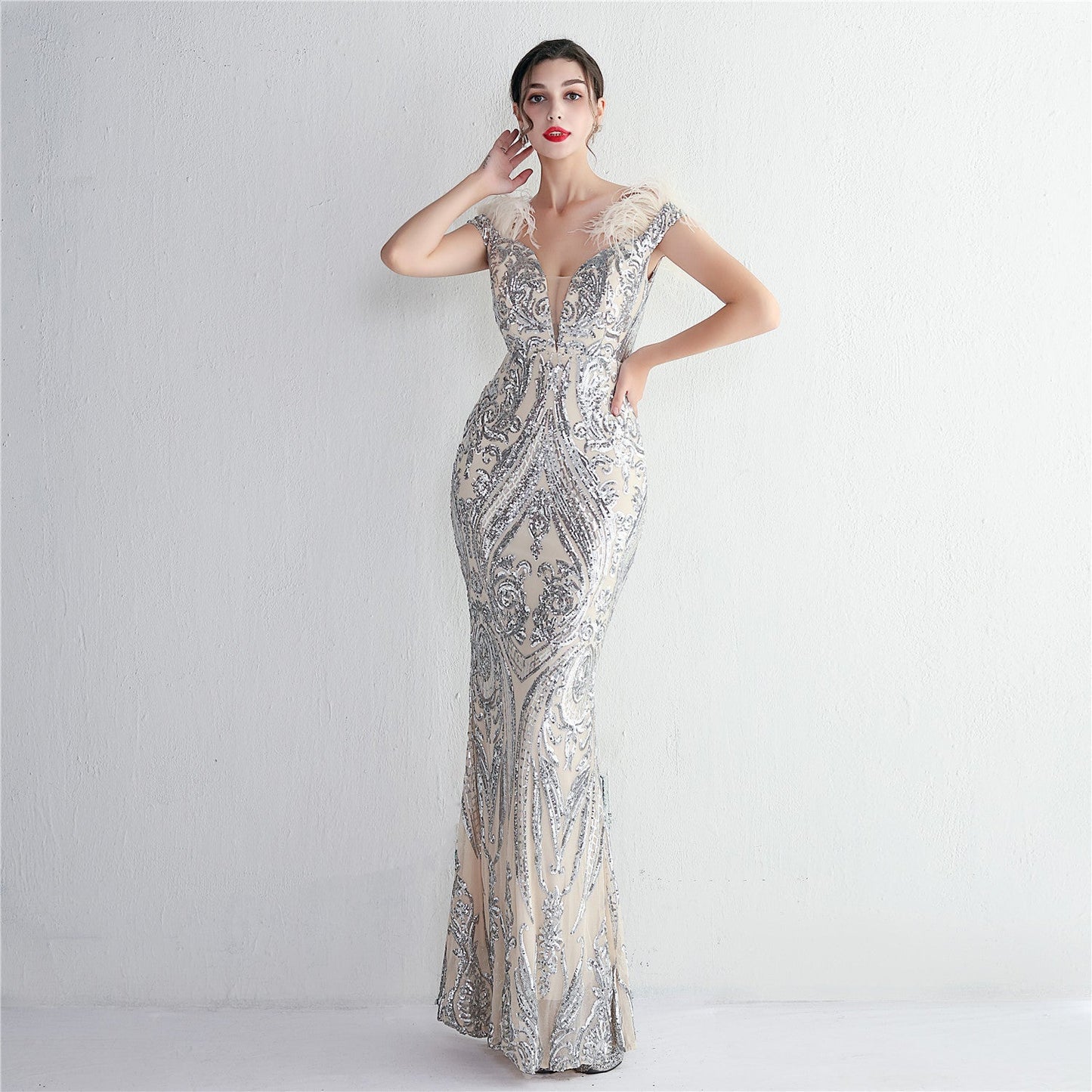 High Density Three Dimensional Strong Sequin Positioning Floral Craft Handmade Wool Cocktail Slim Fit Evening Dress