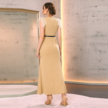 Patchwork Feather Vest High Waist Dress