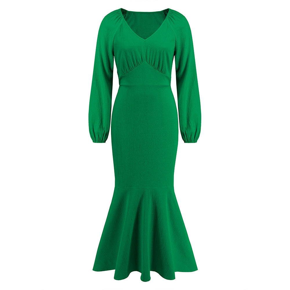 V Neck Long Sleeved Fishtail Dress Waist Slimming Slim Maxi Dress