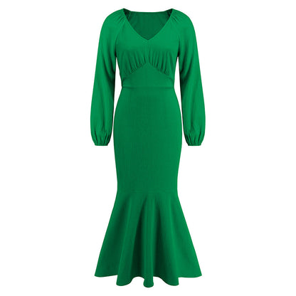 V Neck Long Sleeved Fishtail Dress Waist Slimming Slim Maxi Dress