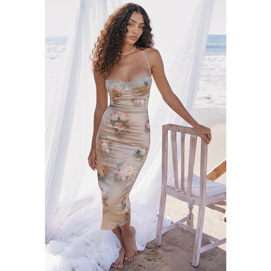 Lace Cami Dress Backless Sheath High Waist Midi Dress Printed Dress for