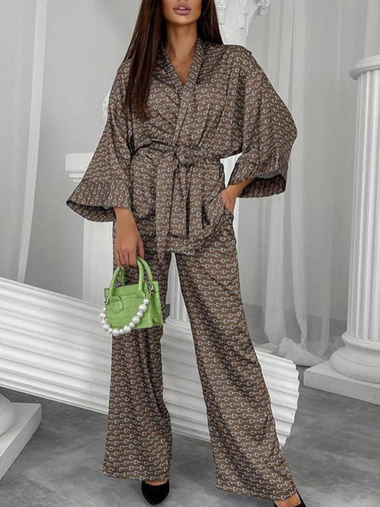 Loose Printed Cardigan Robe Home Wear Set