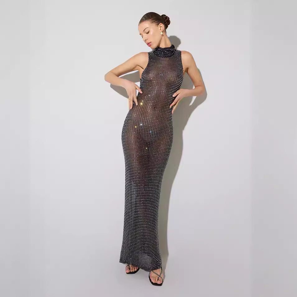 Sheer Cutout Maxi Dress Mesh Rhinestone Sleeveless Maxi