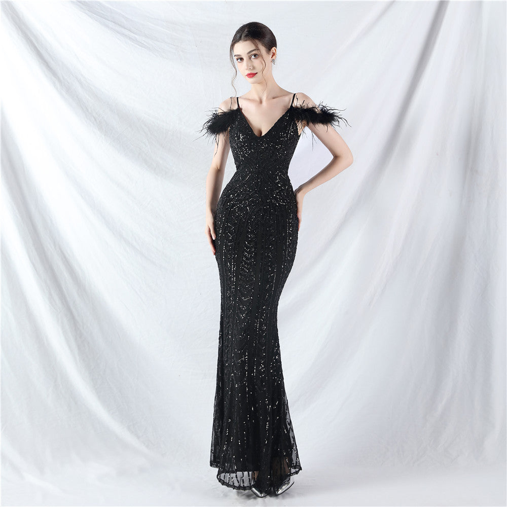 Positioning Floral Sequin Craft Order Ostrich Hair High End Evening Dress