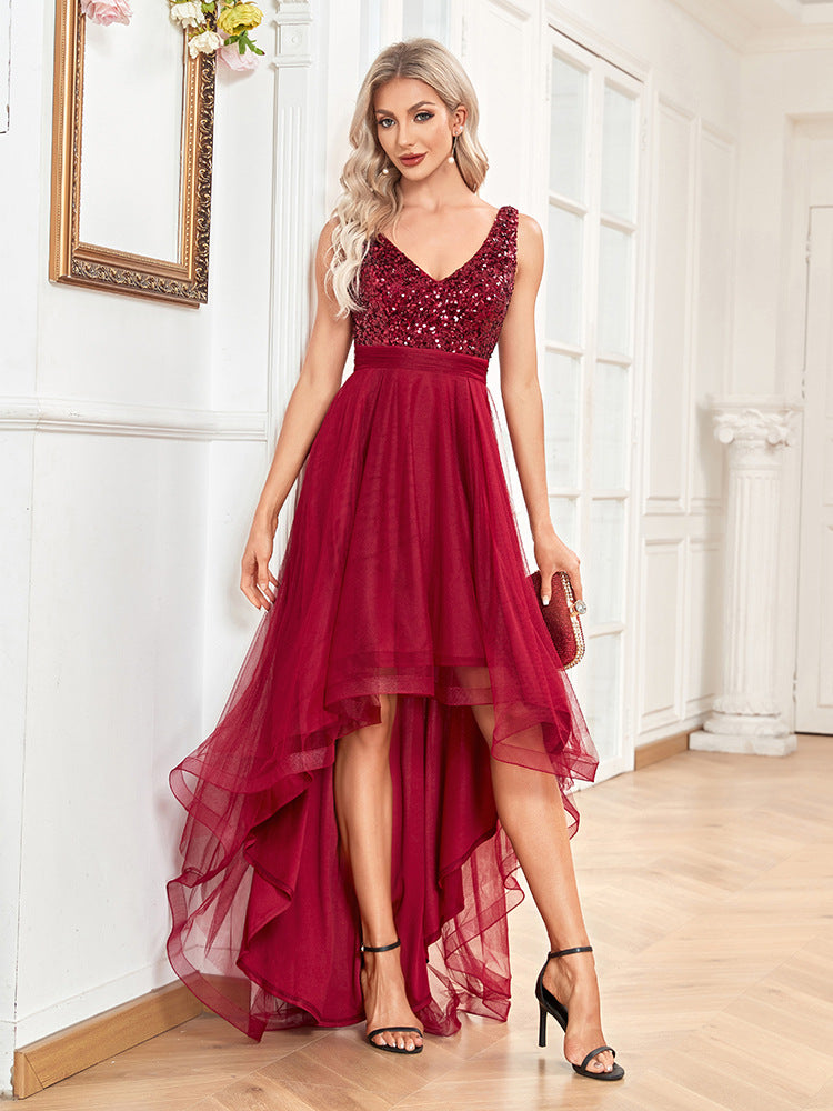 Chiffon Bridesmaid Dress Double V neck Dress Sleeveless A line Large Hem Sequin Stitching Evening Dress