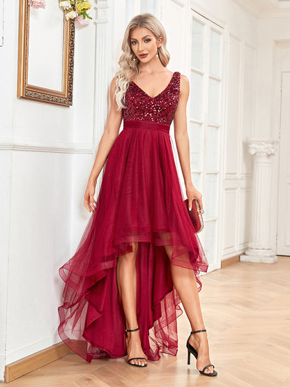 Chiffon Bridesmaid Dress Double V neck Dress Sleeveless A line Large Hem Sequin Stitching Evening Dress