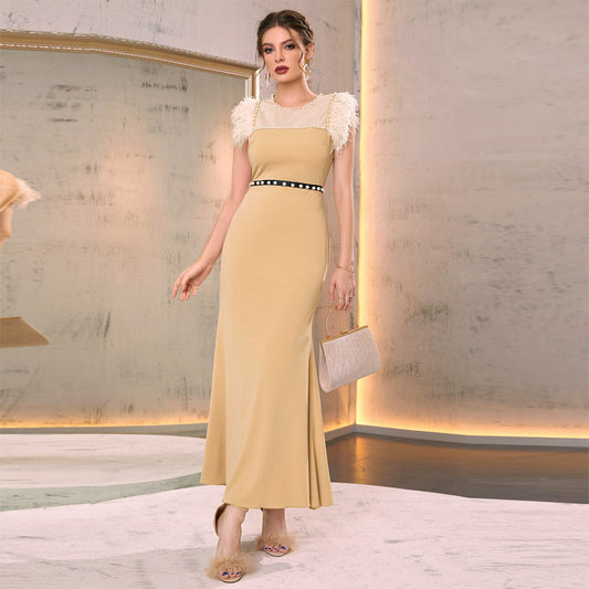 Patchwork Feather Vest High Waist Dress