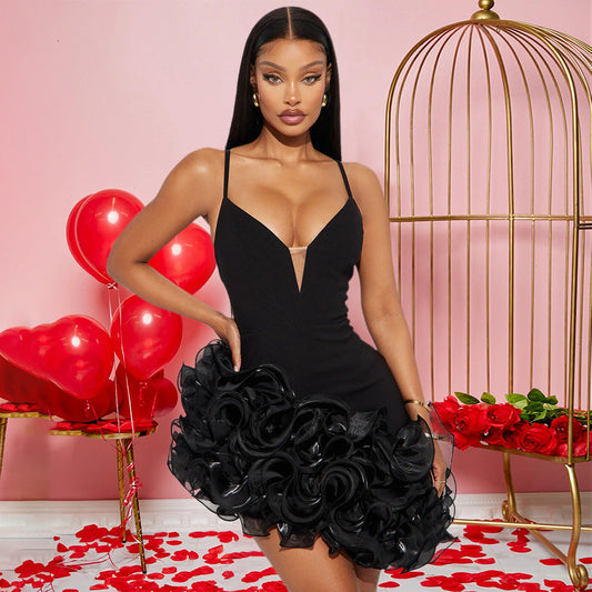 Sling Solid Color Flounce Irregular Asymmetric Dress