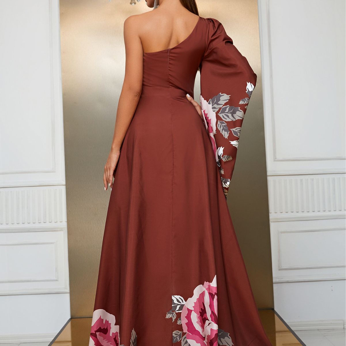 Design Maxi Dress Chiffon Single Sleeve Maxi Dress Split Print Dress
