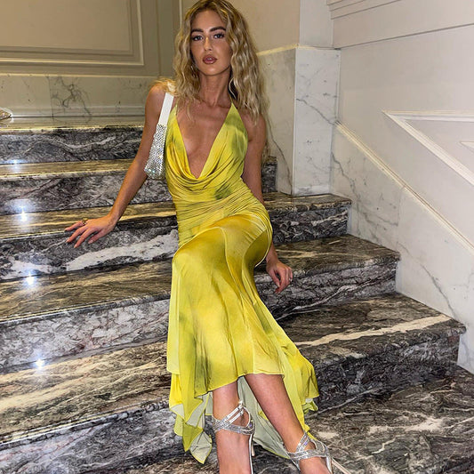 Elegant Slightly Mature Halter Deep V Plunge Printed Long Lotus Leaf Dress