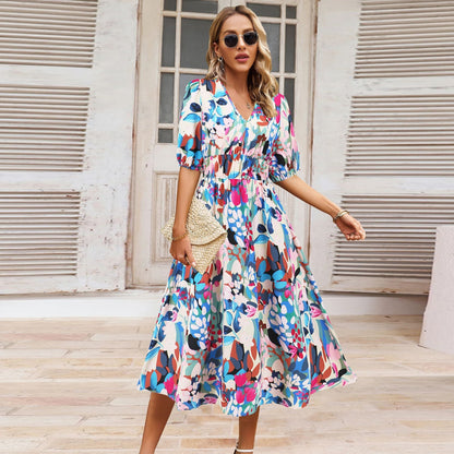 V Neck Bohemian Printed Dress A Line Dress