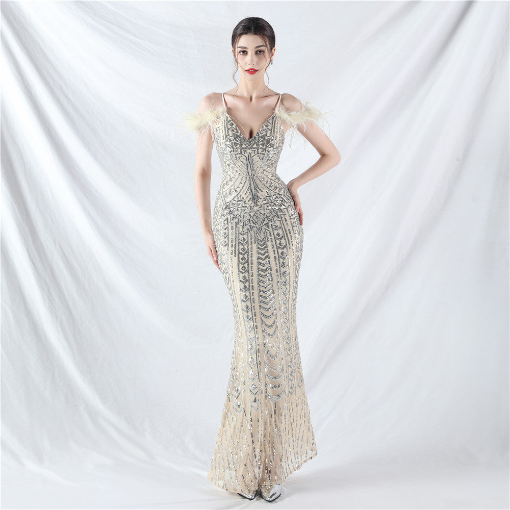 Positioning Floral Sequin Craft Order Ostrich Hair High End Evening Dress