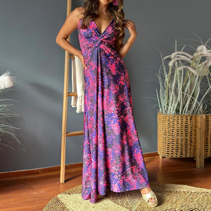 Wear V Neck Brace Printing Elegant A Swing Maxi Dress