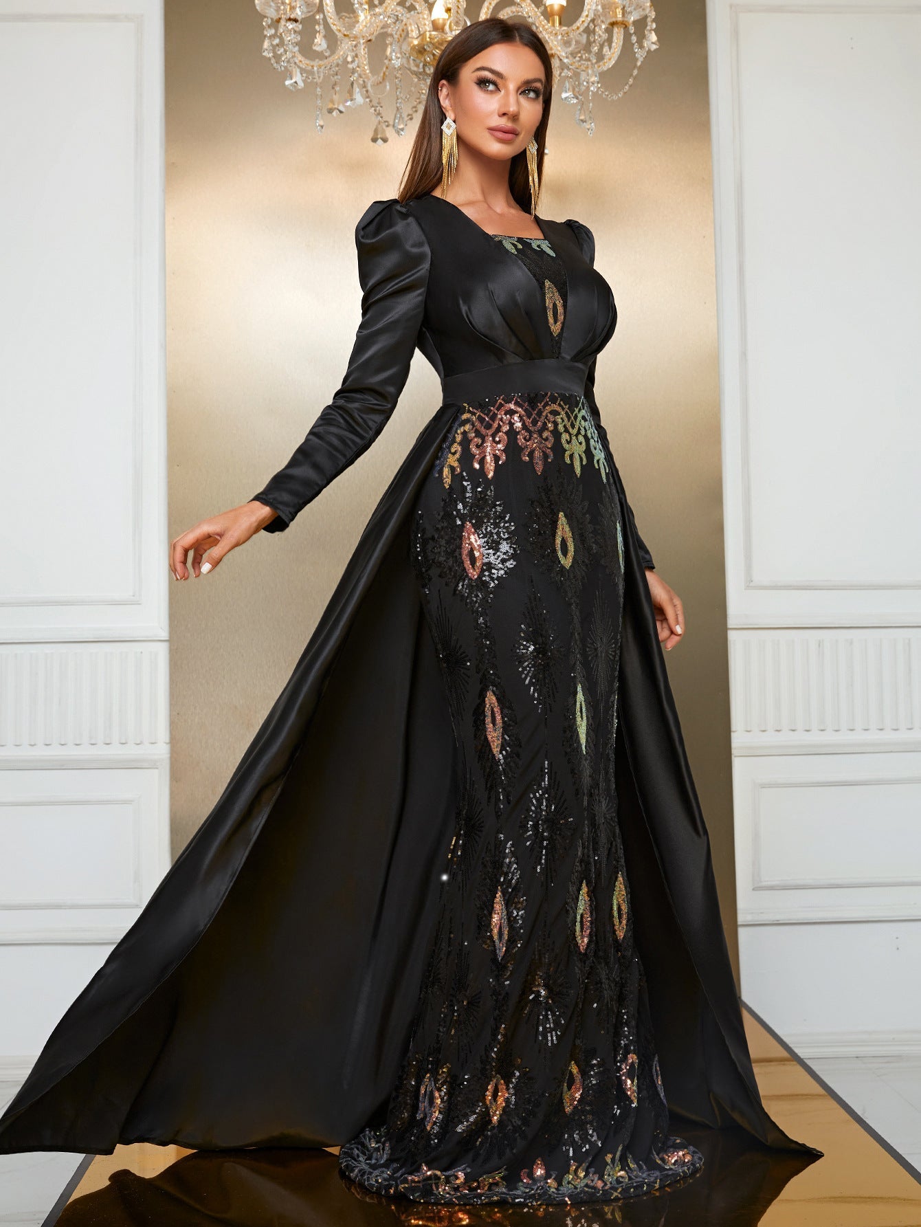 Heavy Industry Sequined Evening Dress Long Sleeve Faux Two Piece Party Dress Elegant Cocktail Maxi Dress