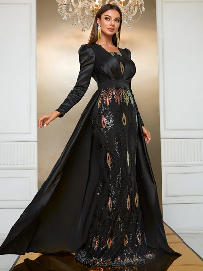 Heavy Industry Sequined Evening Dress Long Sleeve Faux Two Piece Party Dress Elegant Cocktail Maxi Dress