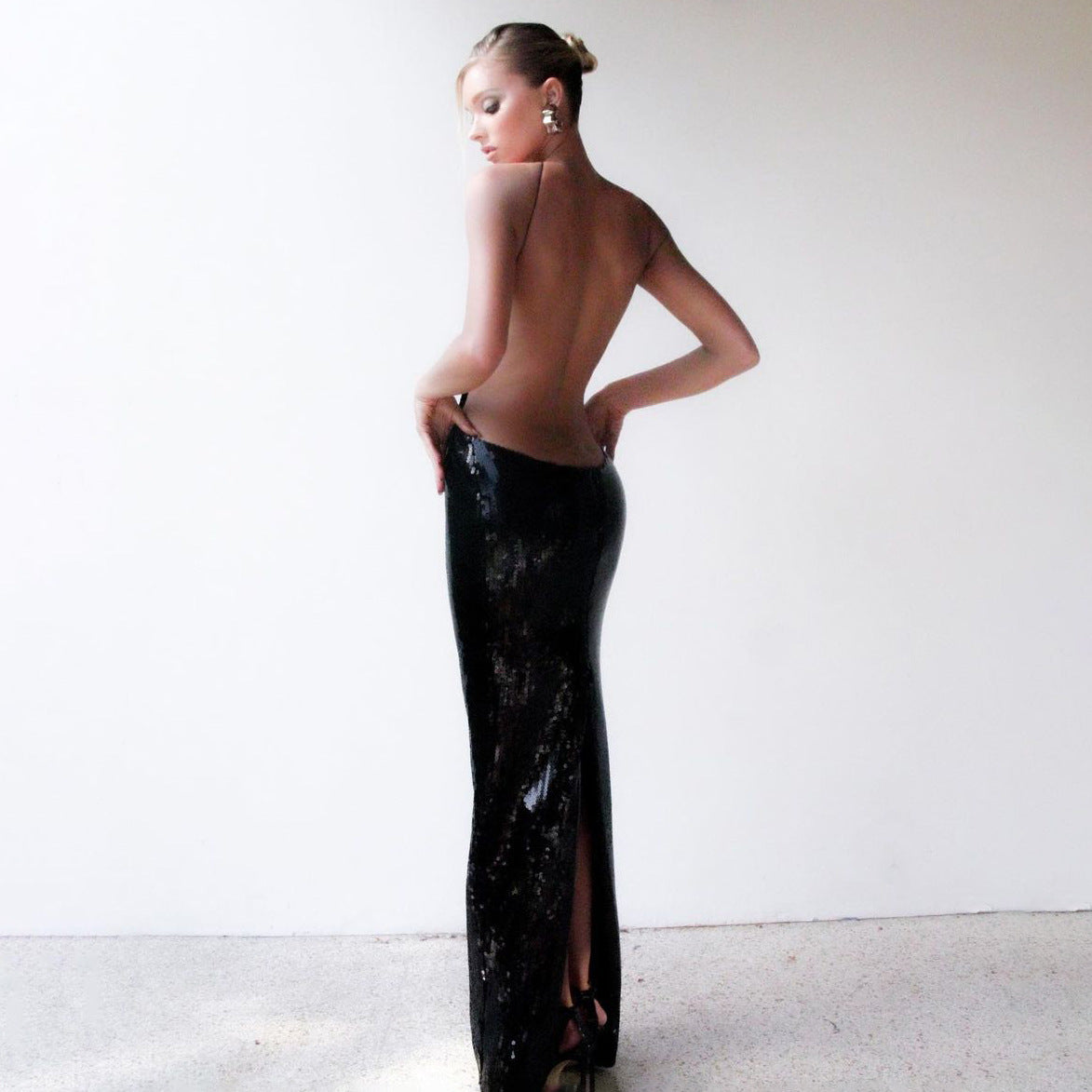 Nightclub Cutout Halter Backless Sequin Maxi Dress Dress