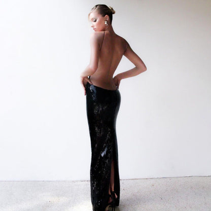 Nightclub Cutout Halter Backless Sequin Maxi Dress Dress