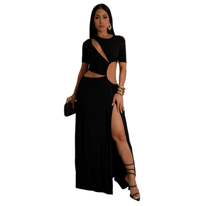 Waist Hollow Out Cutout out Irregular Asymmetric Maxi Dress Solid Color Split Dress