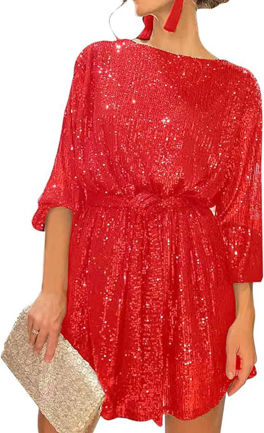 Sequined Round Neck Long Sleeve Casual Loose Beaded Dress