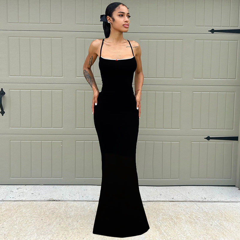 Tube Top Lace Slim Fit Maxi Dress Little Floral Stitching Suspender Sheath Fishtail Dress