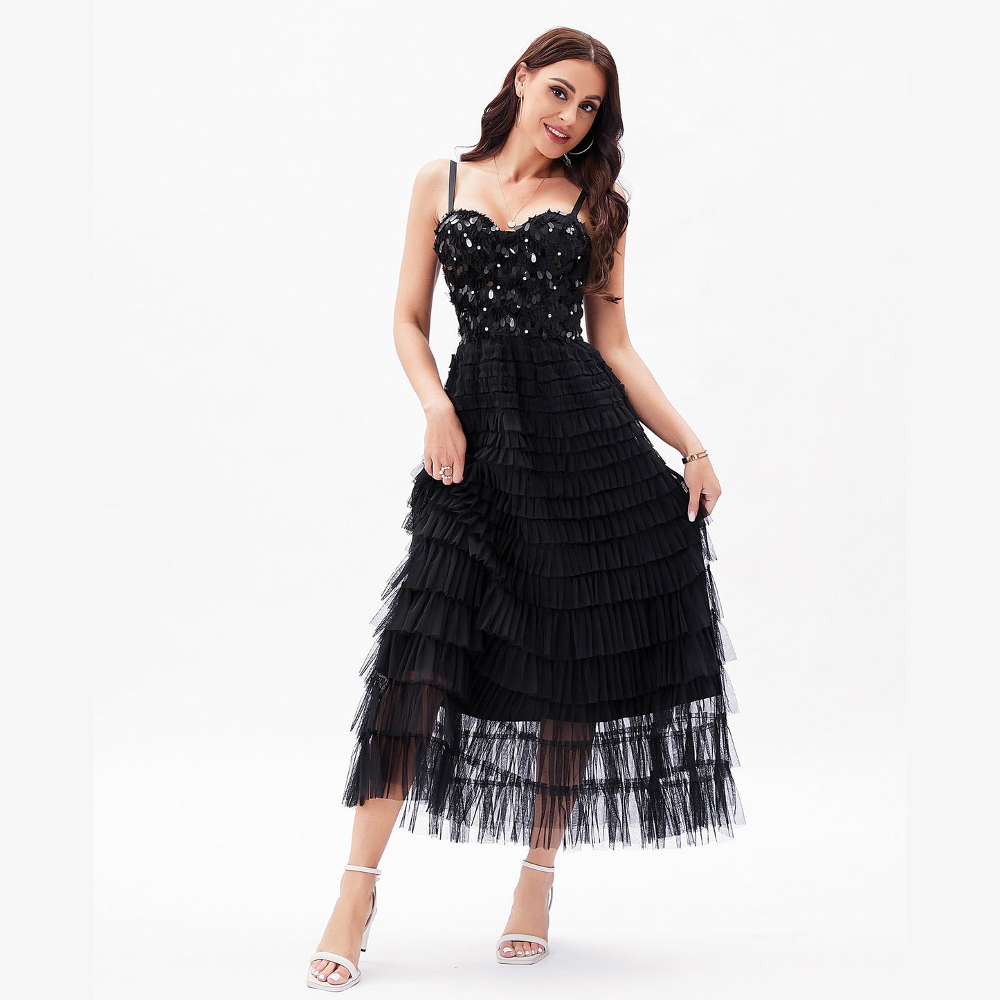 Socialite High Sense Black Paillette Beauty Back Underwear One Piece Dress Boning Corset Sling Multi-Layer Tiered Dress