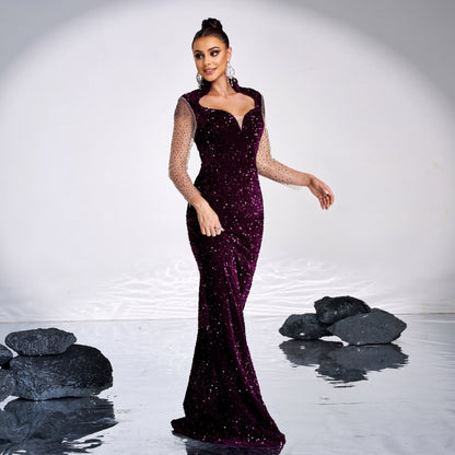 Premium Long Sleeve Square Neck Hip Wrapped Cocktail Sequined Rhinestone Fishtail Evening Dress