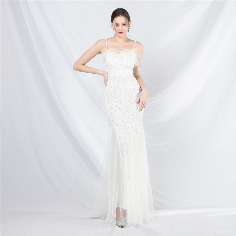 Craft Order Ostrich Feather Mesh Sequined Long Evening Dress