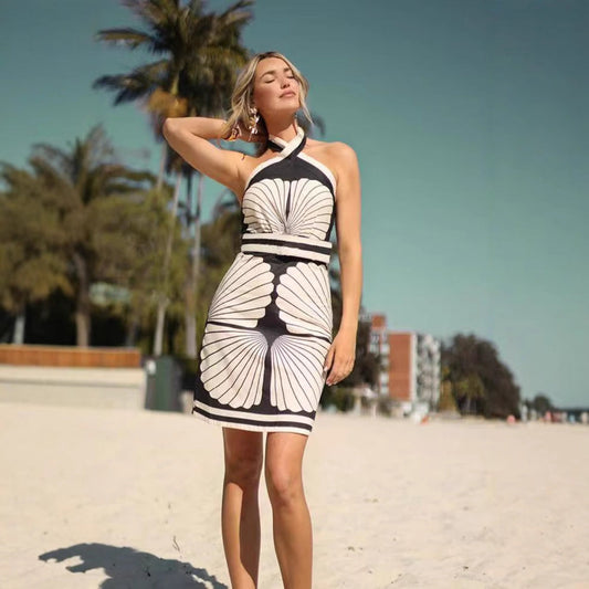 Shell Positioning Printing Halter Tied Dress