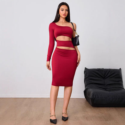 Wine Red Socialite Dress  Single Side Sleeve Midi Dress