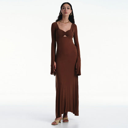 U Shaped Collar Minimalist Long Sleeve Waist Slimming Maxi Dress